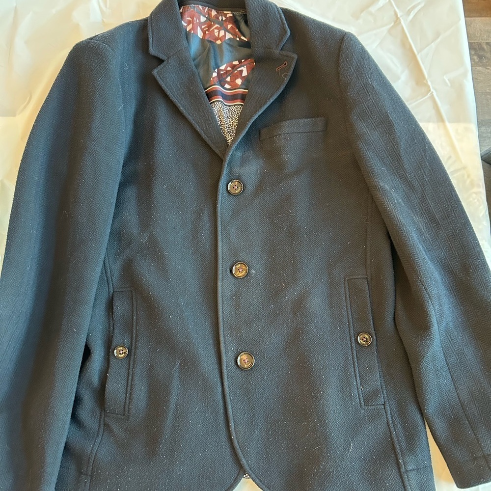 Ted Baker Jacket with Patterned Interior size 3, has wear stains missing zip